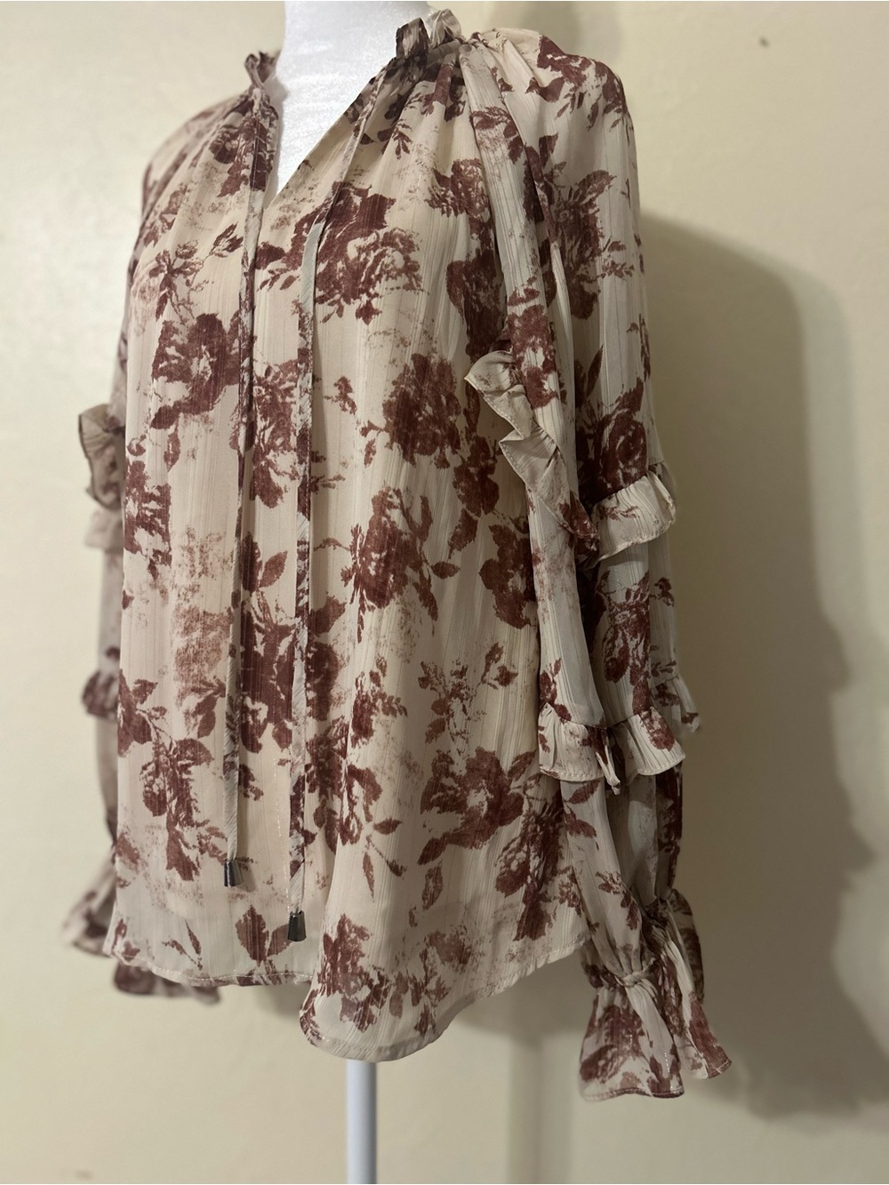 entro Cream Blouse with Brown Floral Ruffle Tie-Neck